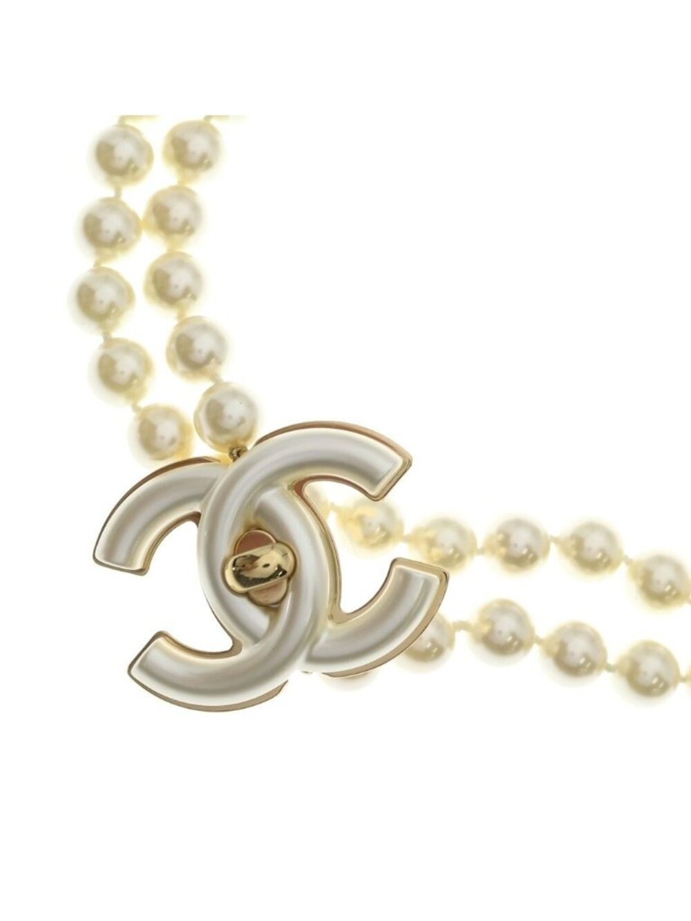 Chanel Coco Turnlock Pearl Necklace Faux White with Bean